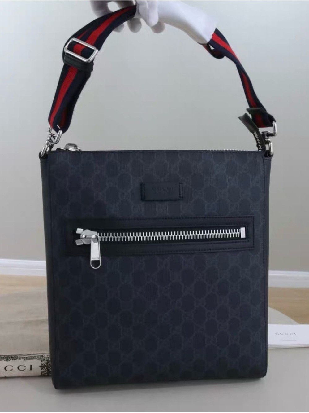 Gucci Black Messenger Bag with Red and Blue Strap